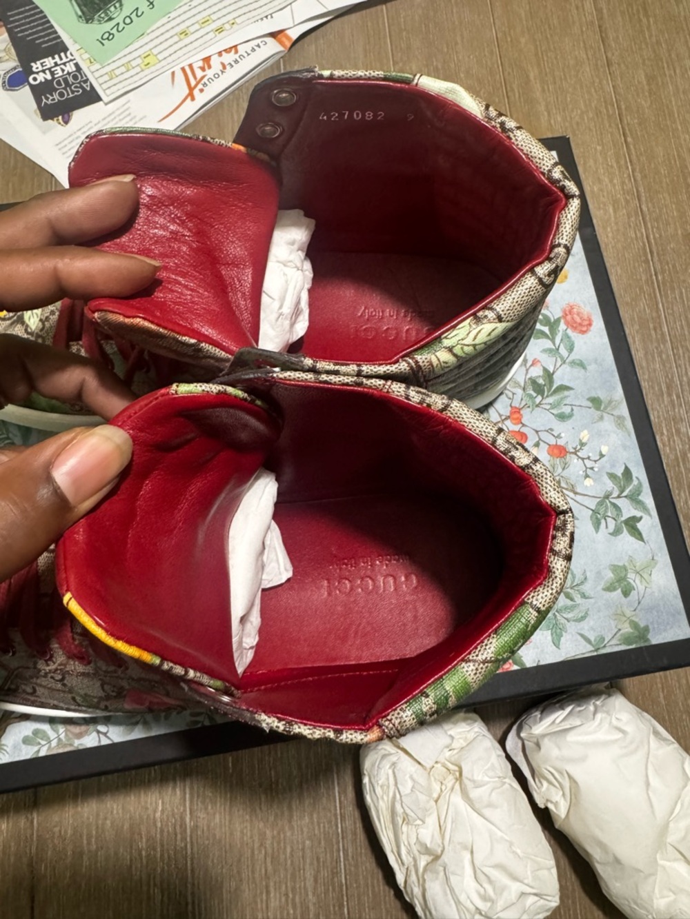 Gucci Tian GG Supreme Floral High Top Sneakers Size 10 (US) Red Lace AUTHENTIC - Picture 10 of 14